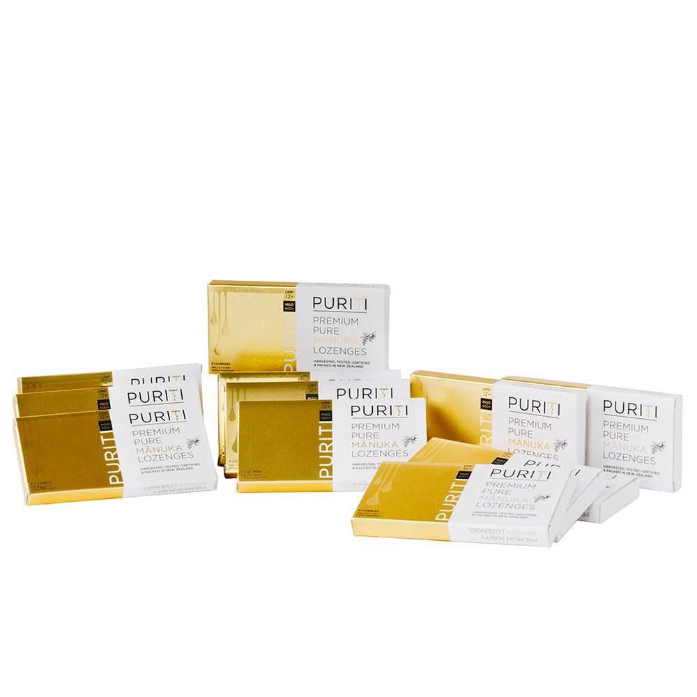 Puriti Manuka Honey Lozenges UMF 12+ box of 8 lozenges, 12 boxes stacked together
