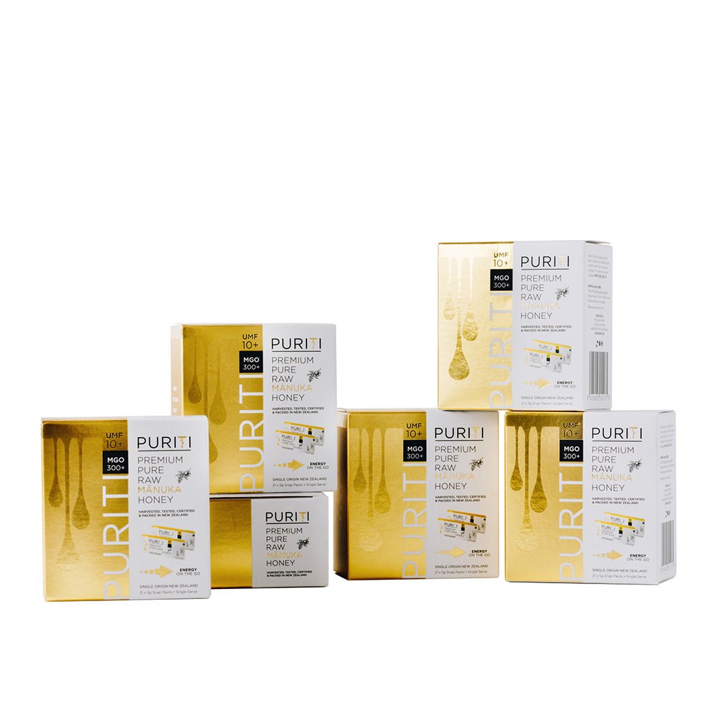 Puriti Premium Pure Raw Manuka Honey UMF 10+ snap packs, 6 boxes each containing 40 snap packs stacked together