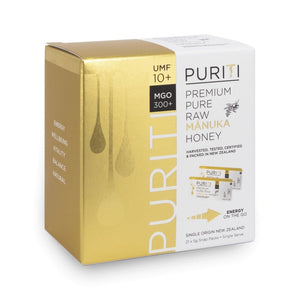 Puriti Manuka Honey Box of single serve snap packs of Premium Manuka honey UMF 10+ 5g individual packs