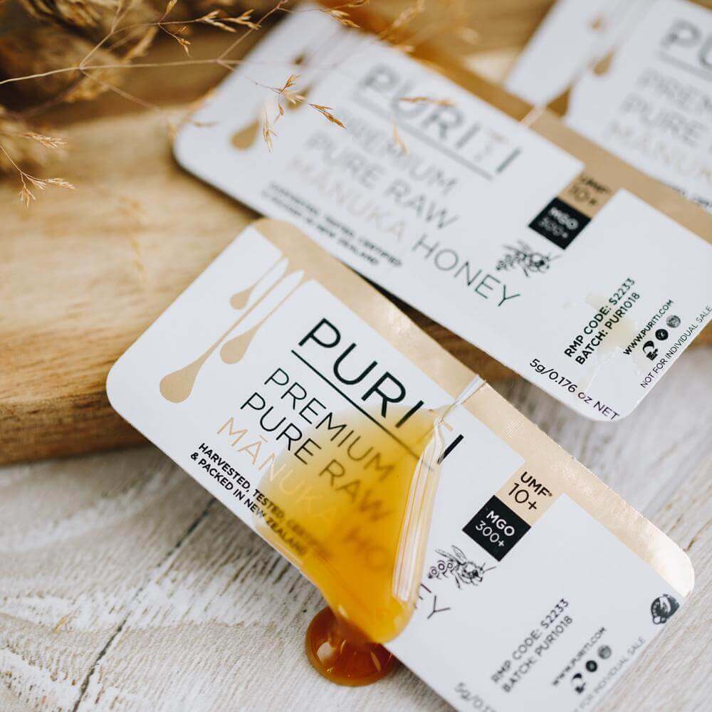 Puriti Manuka Honey single serve snap packs of Premium Manuka honey UMF 10+ 5g individual packs