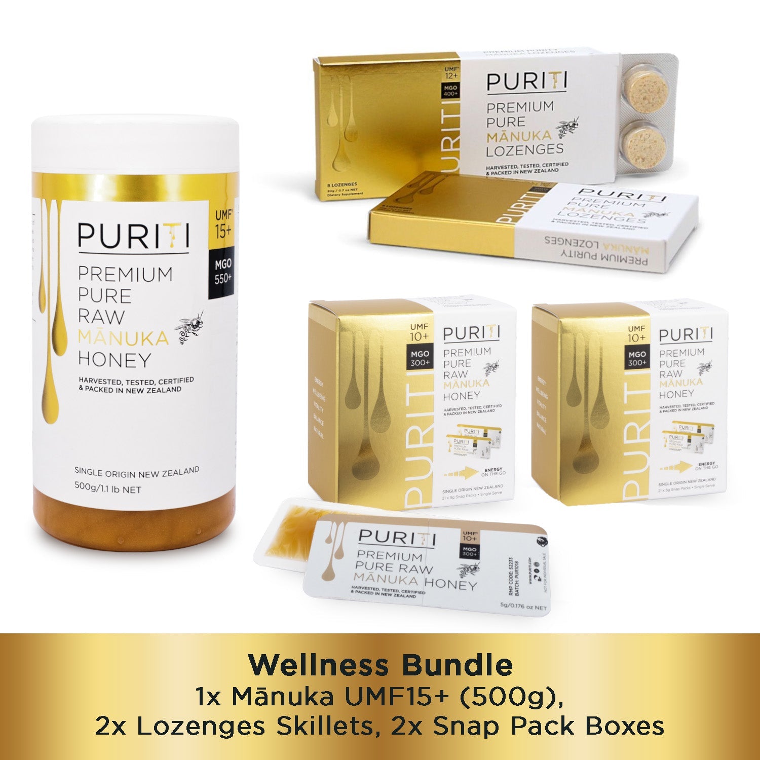 Puriti Manuka Wellness Bundle Discount Genuine Manuka Honey UMF 15+ Jar Manuka Lozenges and Snap Packs