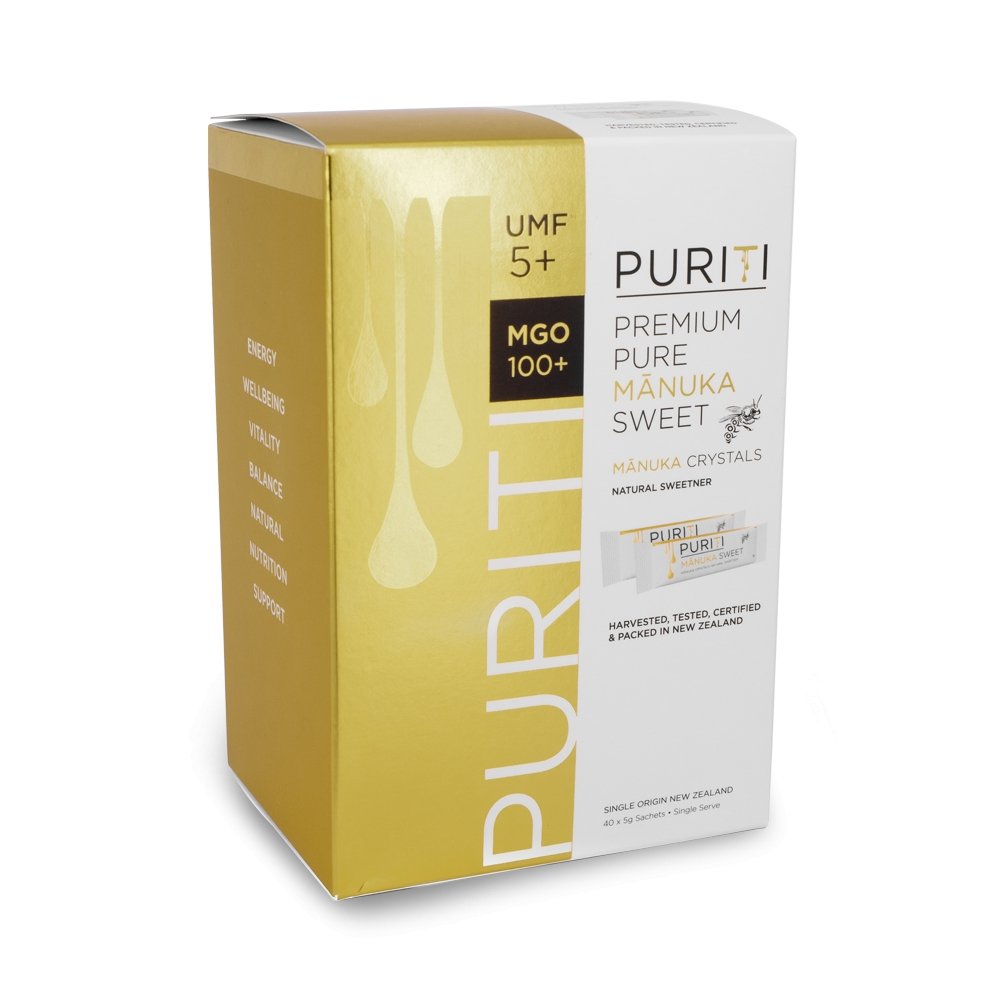 Puriti Premium Manuka Honey Crystals Pack, UMF 5+ box contains 40 sachets