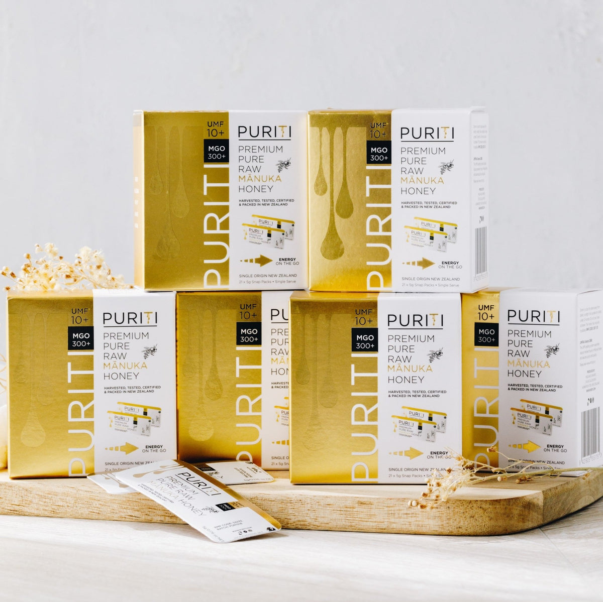 Puriti Premium Pure Raw Manuka Honey UMF 10+ snap packs, 6 boxes each containing 40 snap packs stacked together