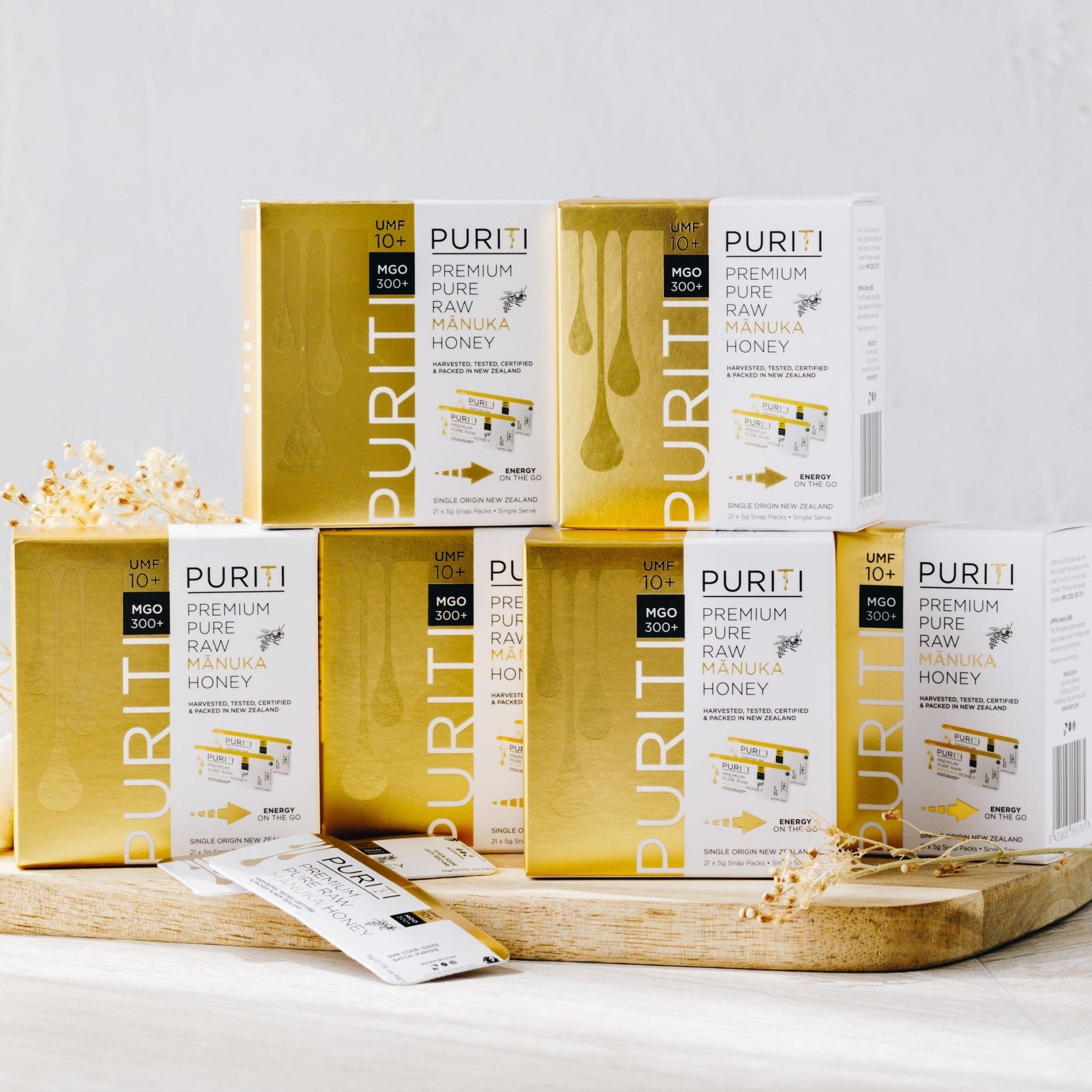 Puriti Premium Pure Raw Manuka Honey UMF 10+ snap packs, 6 boxes each containing 40 snap packs stacked together