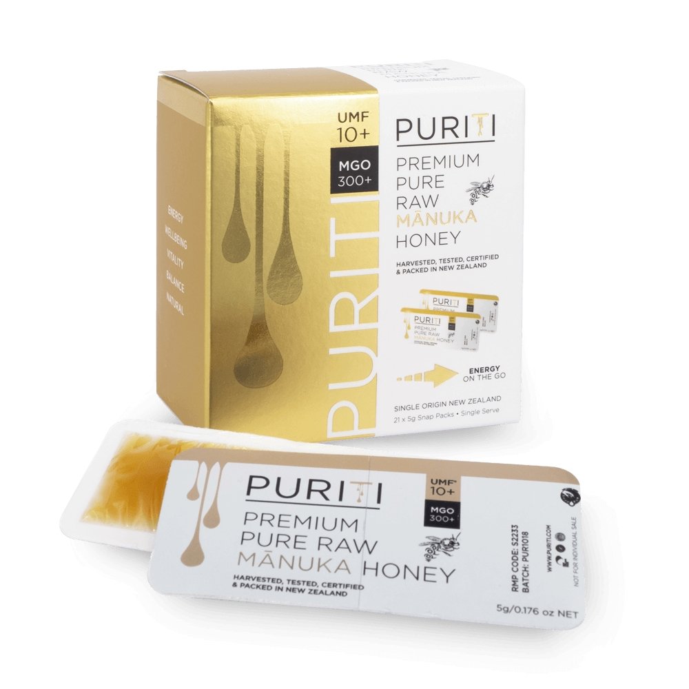 Puriti Manuka Honey single serve snap packs of Premium Manuka honey UMF 10+ 5g individual packs