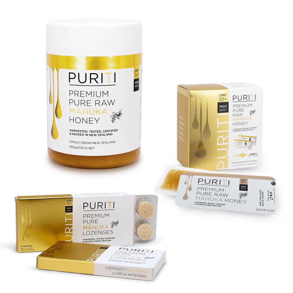 PURITI Genuine Manuka Honey Queen Bee Bundle featuring UMF Certified Honey Jar, Lozenges and Snap Packs